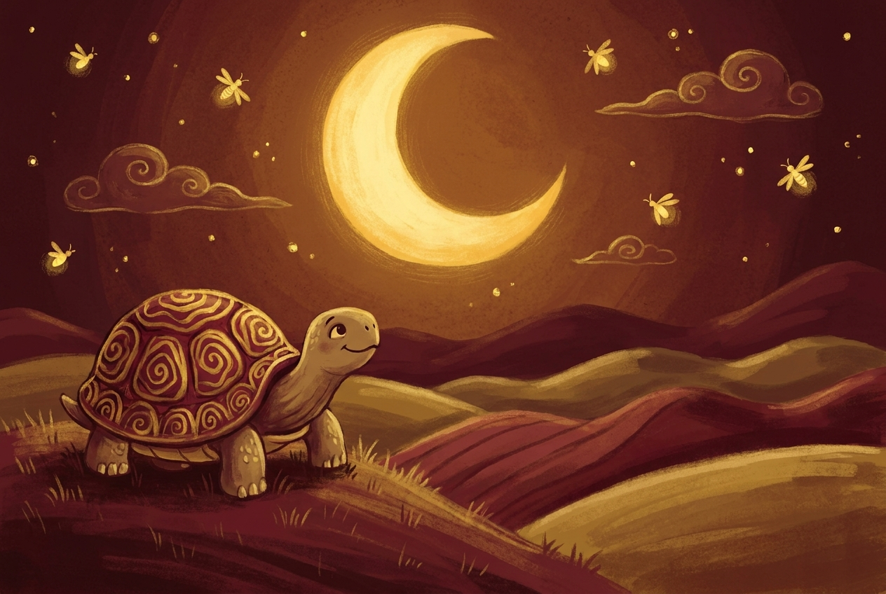 A friendly tortoise gazing at a glowing crescent moon over rolling hills, in warm maroon and gold storybook colors