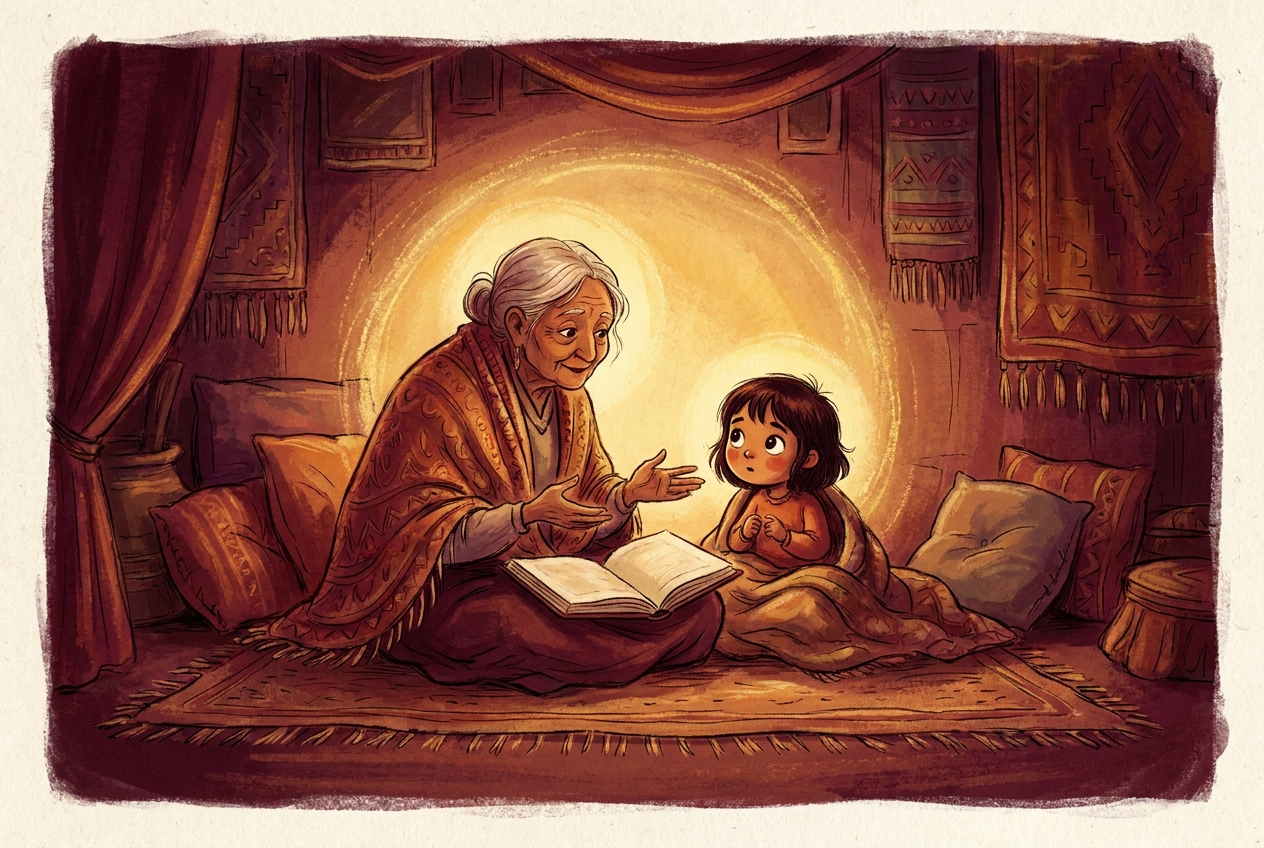 An elder and a small child sharing a story by warm golden light, in maroon and gold storybook colors