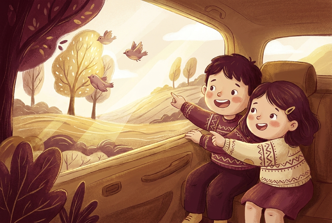 Two children in the back seat of a car pointing out the window and naming what they see