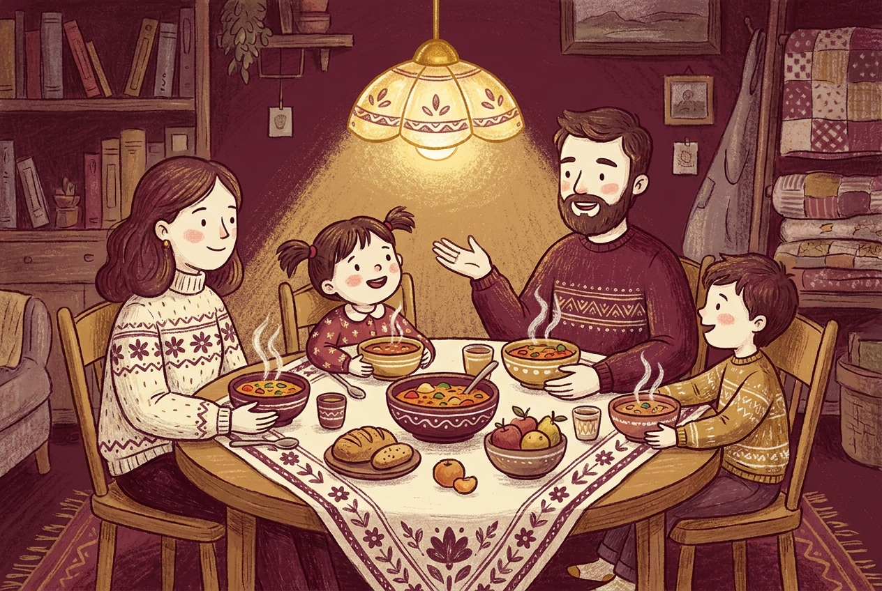 A family sharing a warm meal around a round table and talking together