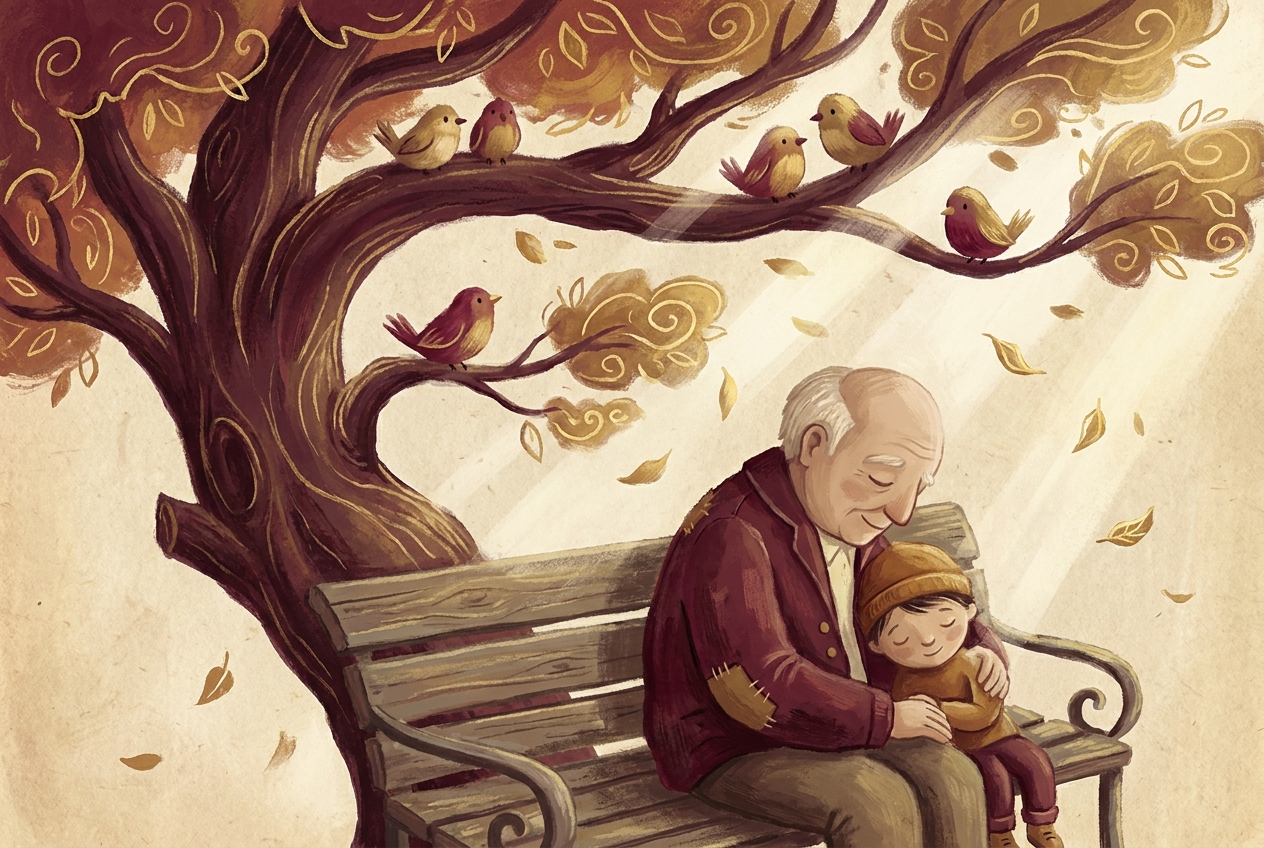 A grandparent and a young child talking together on a bench under a tree