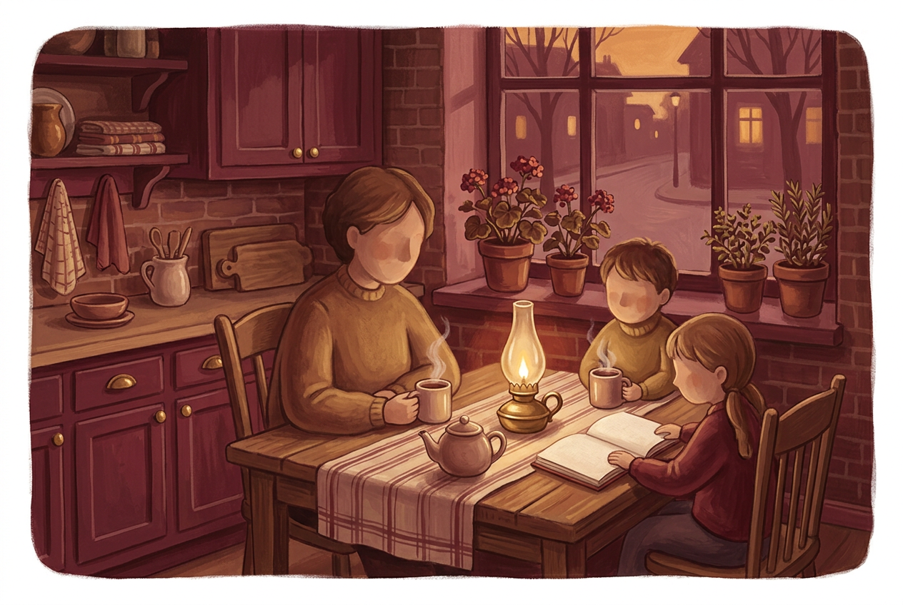 A family sitting together around a warm kitchen table in the evening