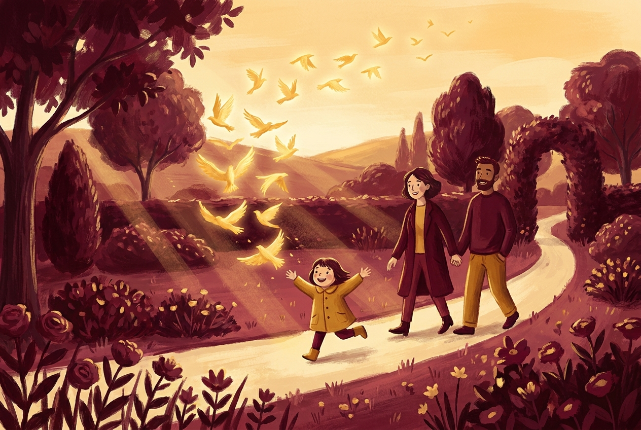 A family walking a garden path at golden hour as a flock of golden birds lifts into the sky