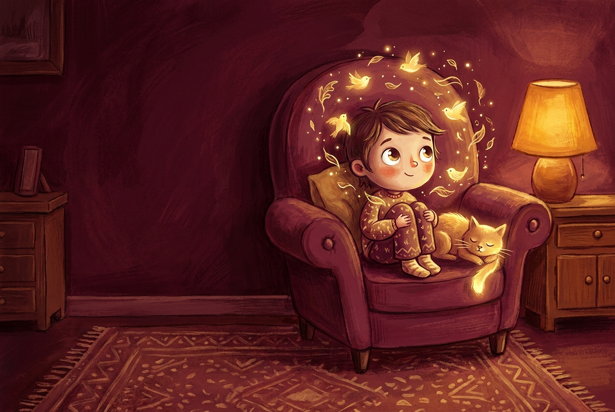 A child sitting quietly in an armchair with glowing golden birds circling overhead, representing words held inside