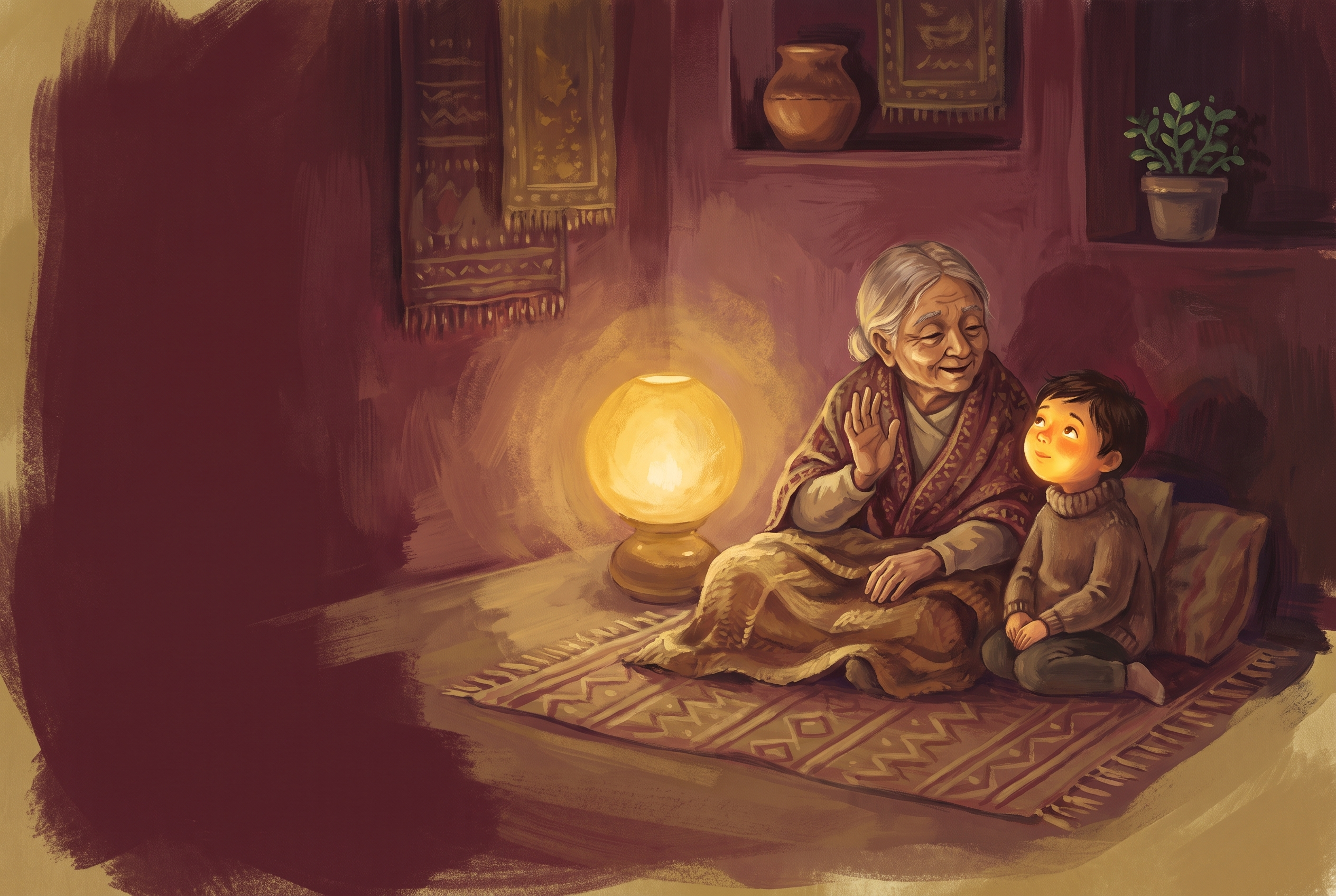 A grandparent and grandchild sitting together by lamplight, sharing a story