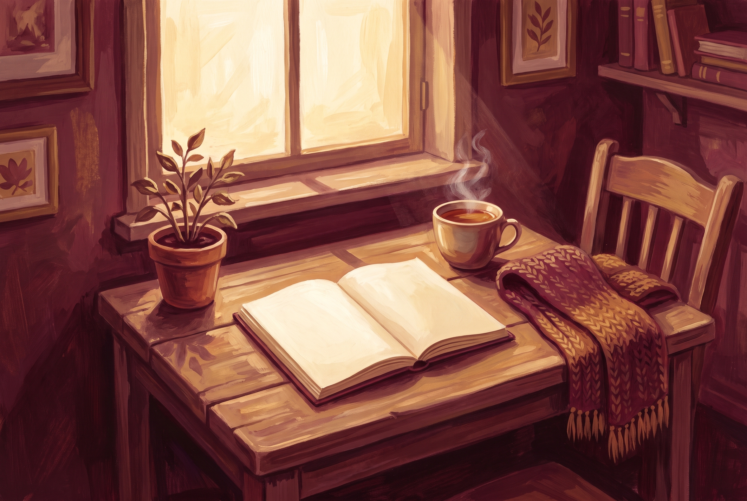 An open notebook and a cup of tea on a sunlit table