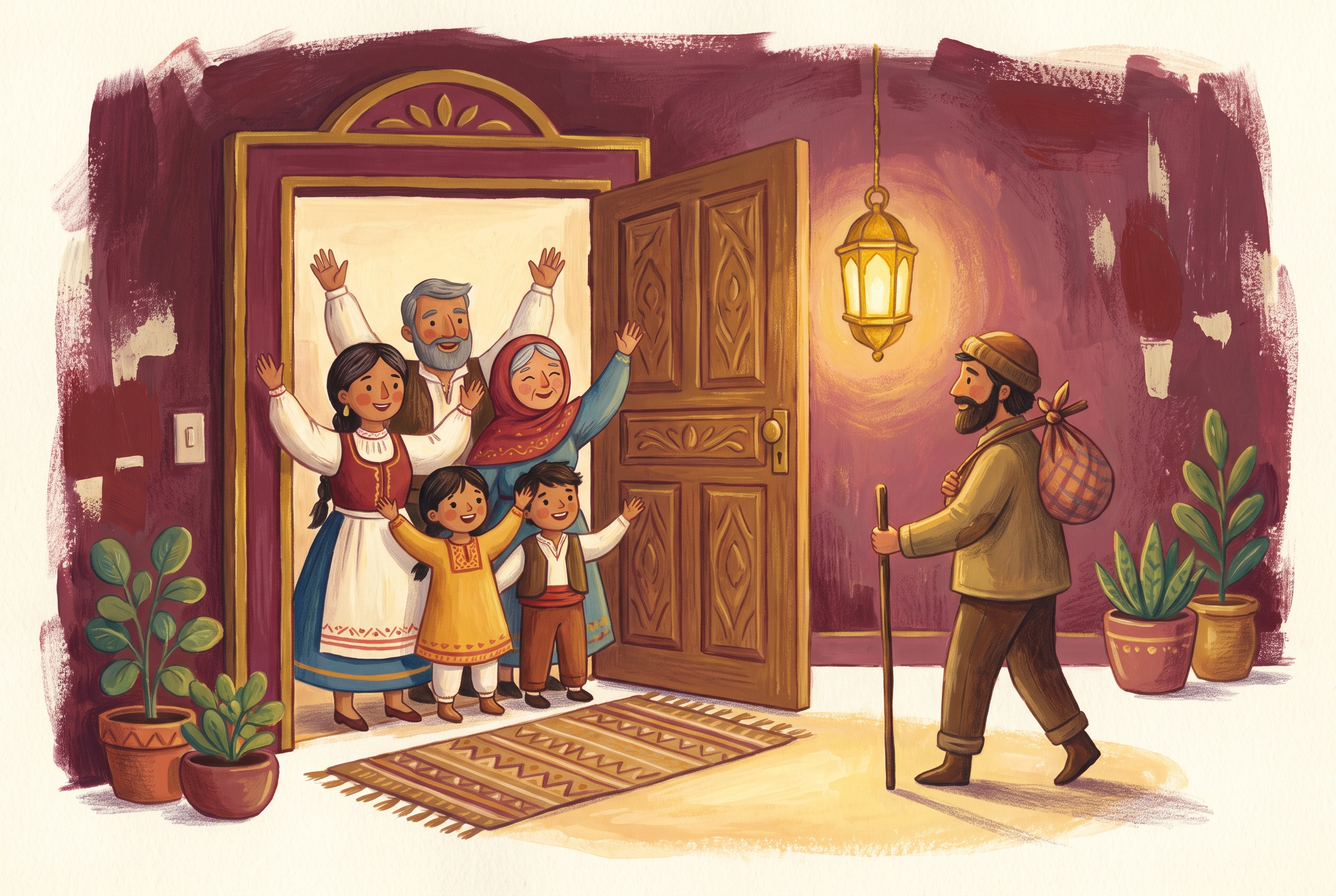 A family gathered in a lantern lit doorway, arms raised to welcome a traveller arriving home