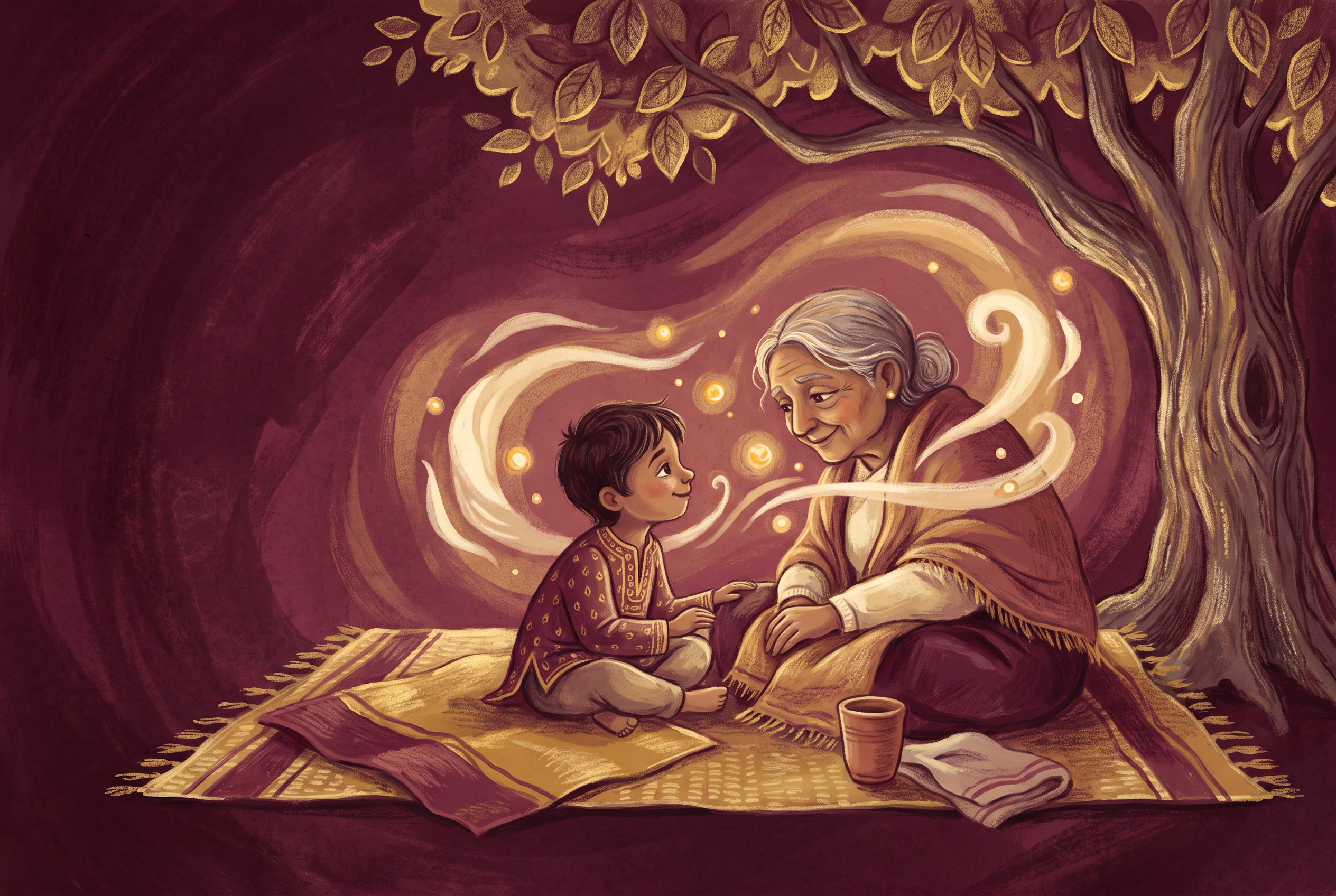 A grandparent and a small child sitting together on a woven mat, talking under a tree