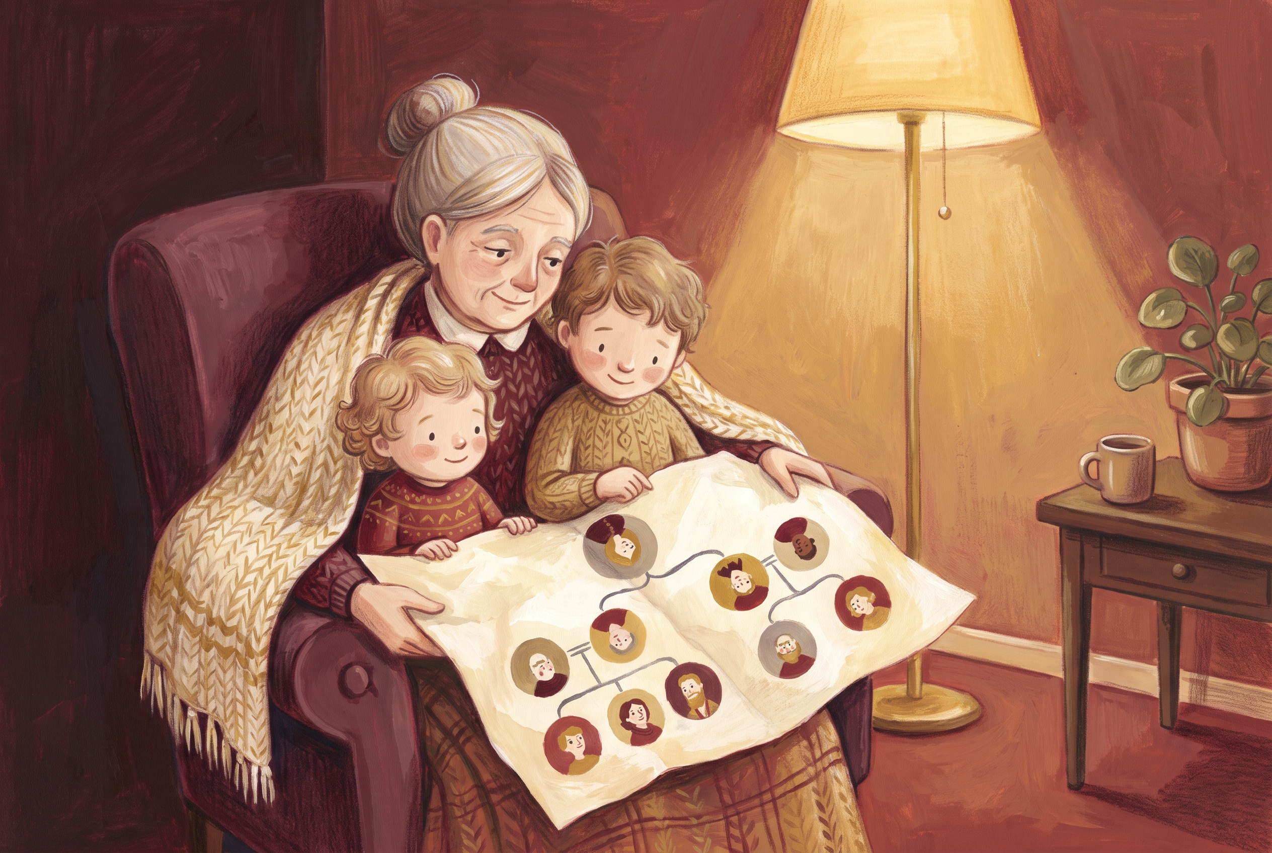 A grandmother and two children looking together at a hand drawn family tree