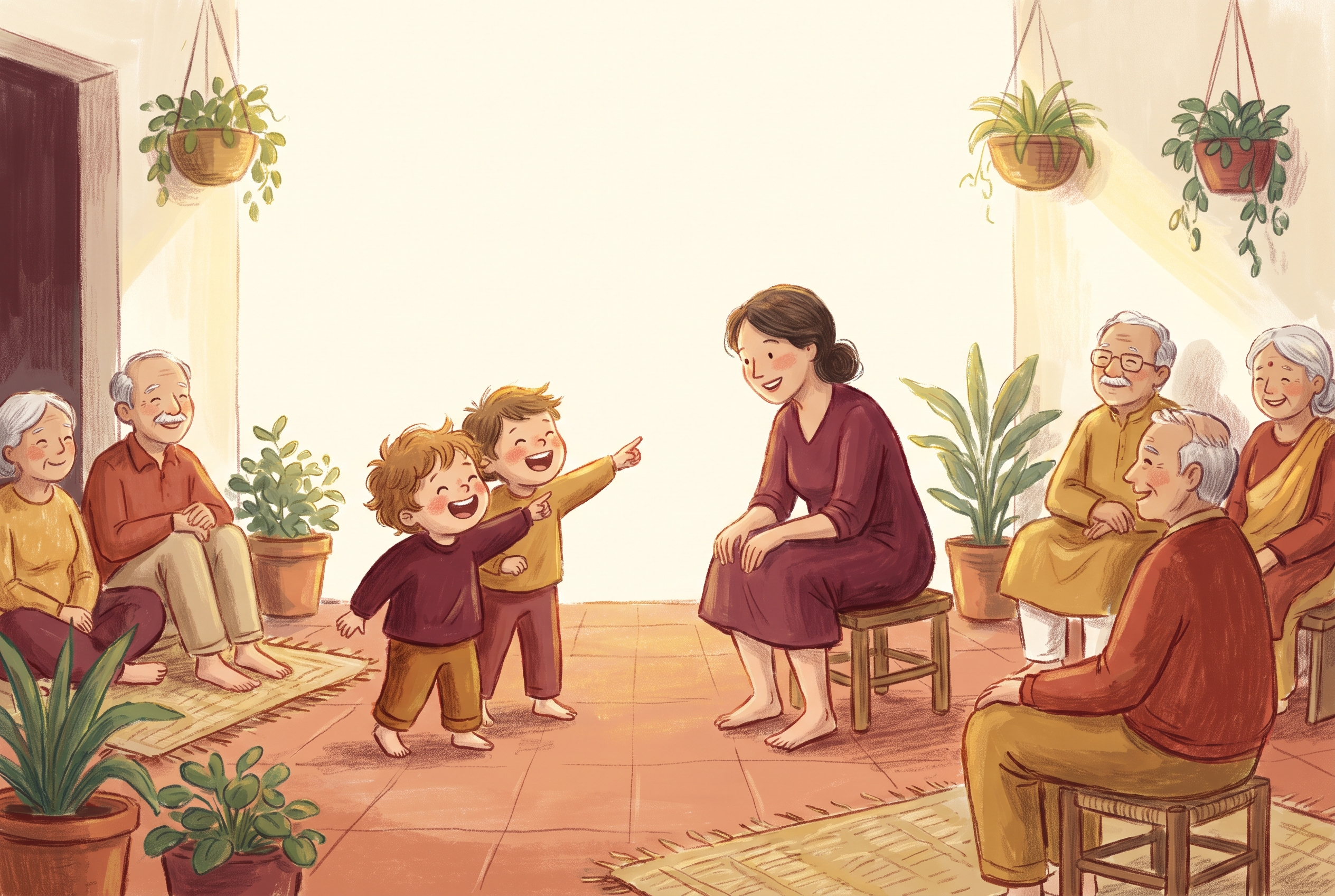 Children playing a naming game with their relatives in a sunlit courtyard