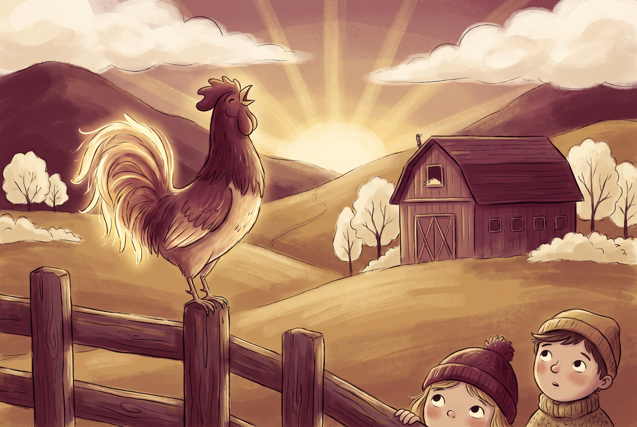 A rooster crowing on a wooden fence at sunrise while two children watch