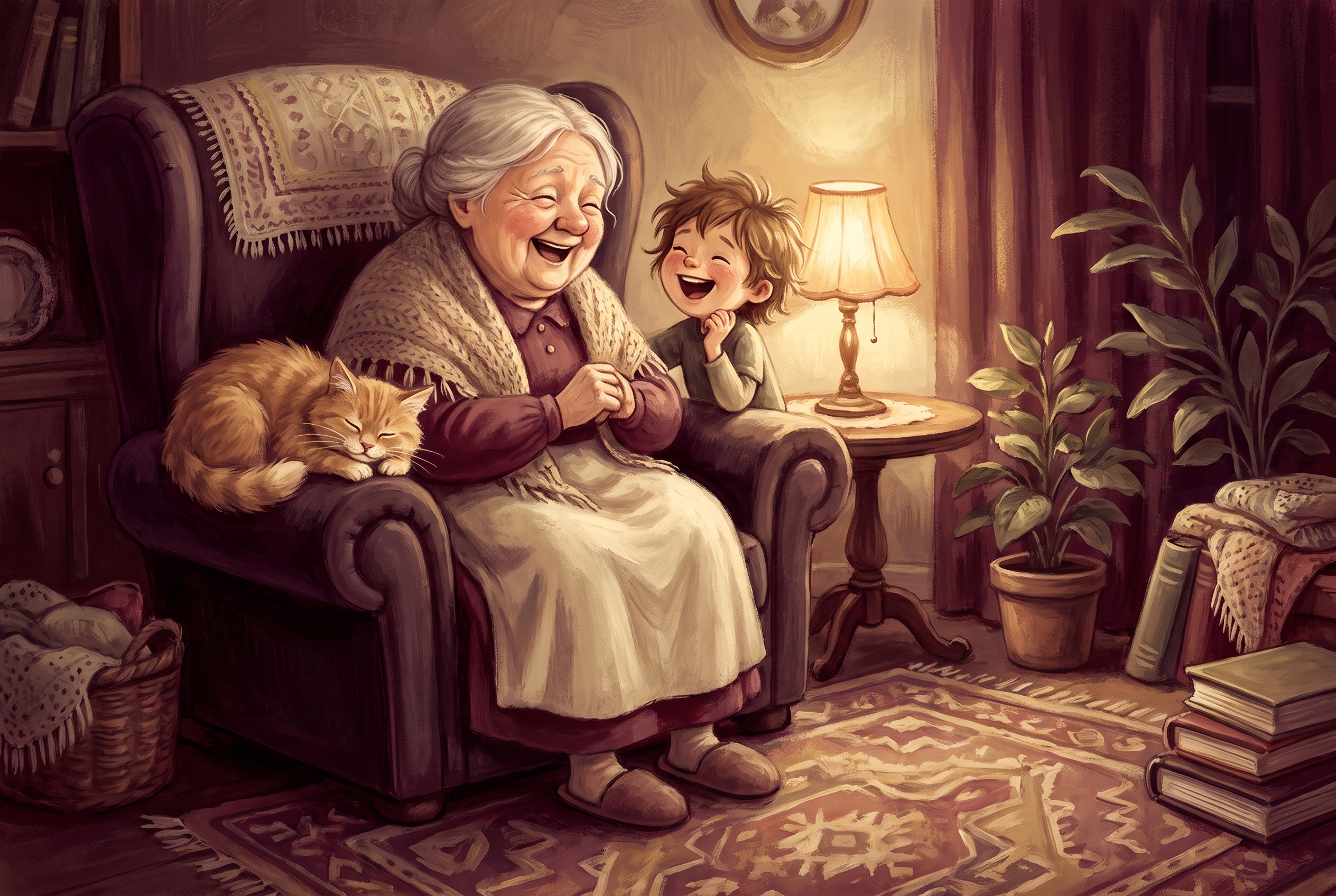 A grandmother and a grandchild laughing together in a warm lamplit room with a sleeping cat