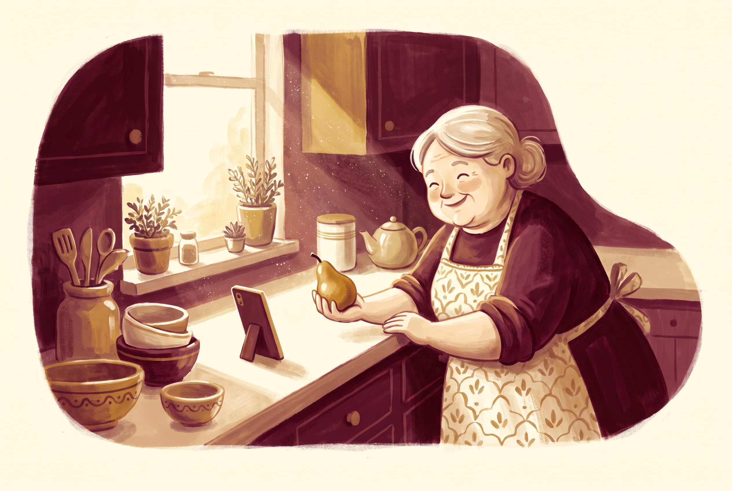 An older woman in a sunny kitchen holding up a pear toward a phone propped on the counter
