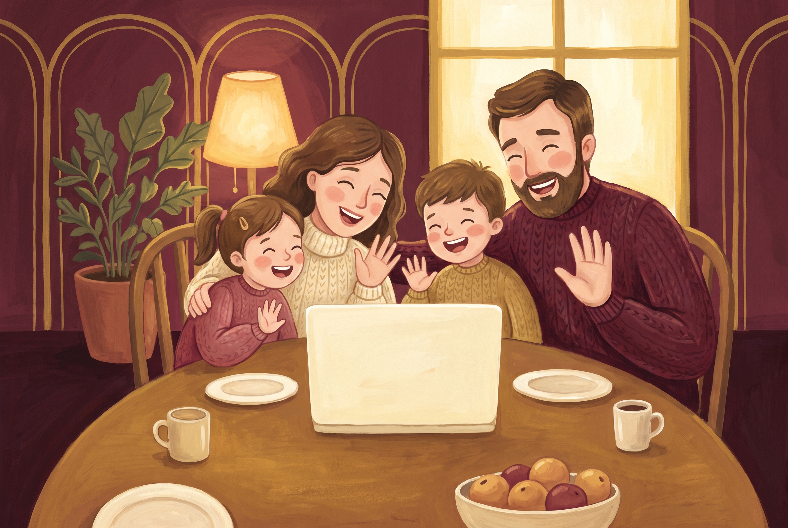 A family of four gathered around a laptop at the dining table, laughing and waving