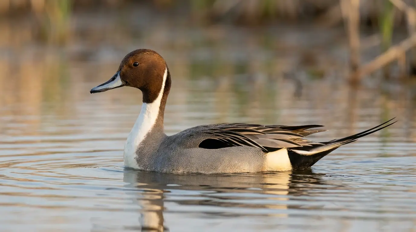 Northern pintail drake swimming on calm marsh water in morning light