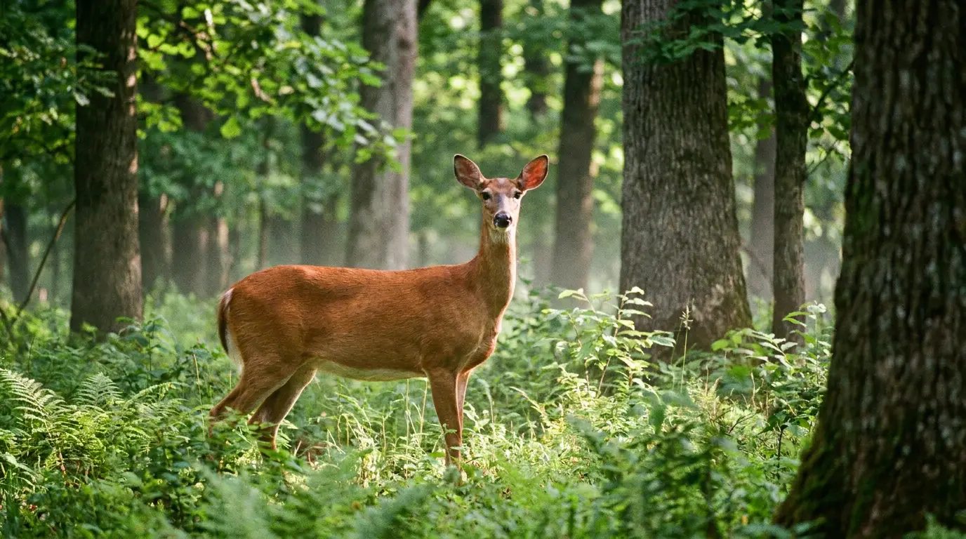 A white-tailed doe in summer coat in a hardwood opening