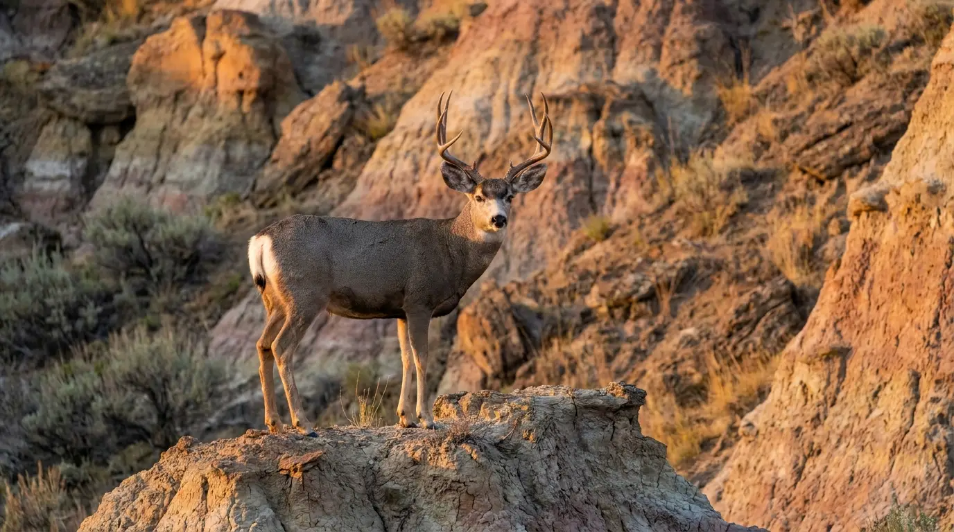 A mule deer buck on a clay butte in the North Dakota badlands