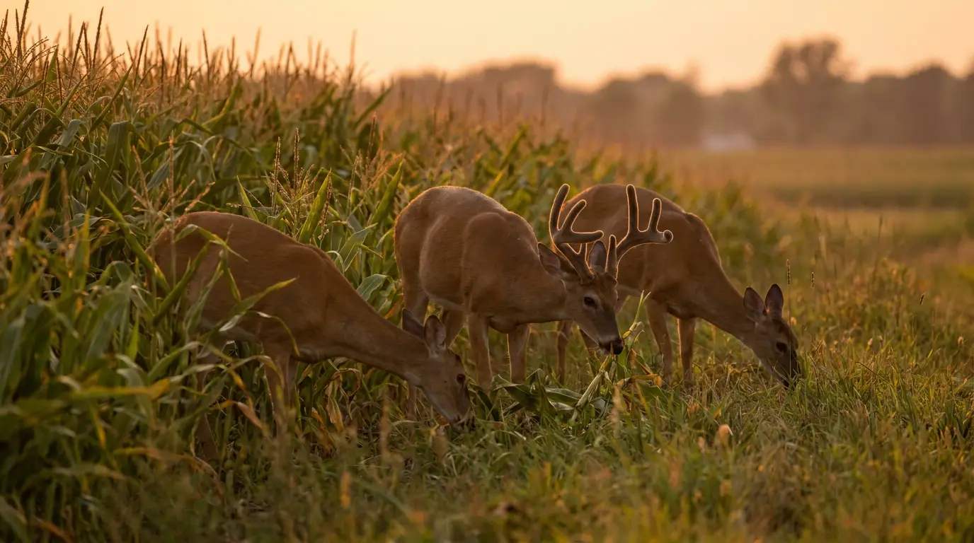 White-tailed deer feeding along the edge of standing corn at dusk