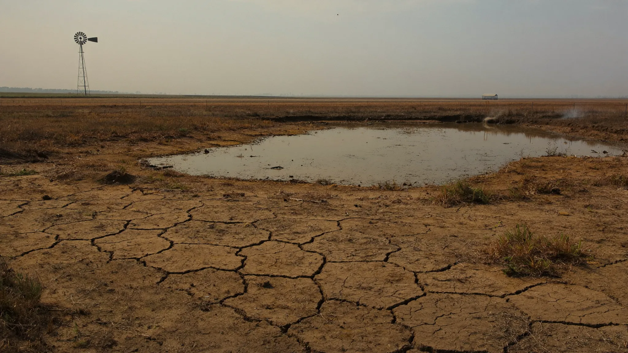 Cracked earth at the edge of a shrinking farm pond in drought