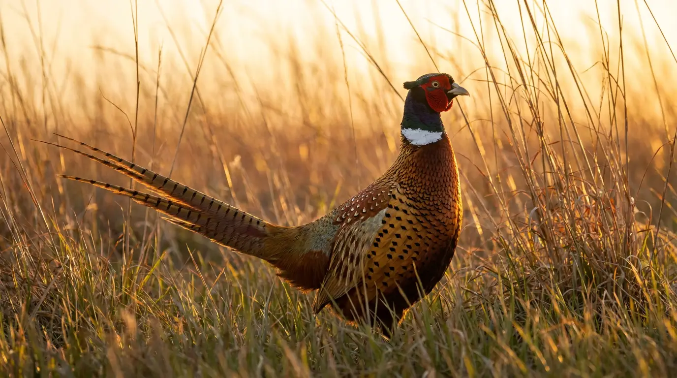A ring-necked pheasant rooster in tall prairie grass at golden hour
