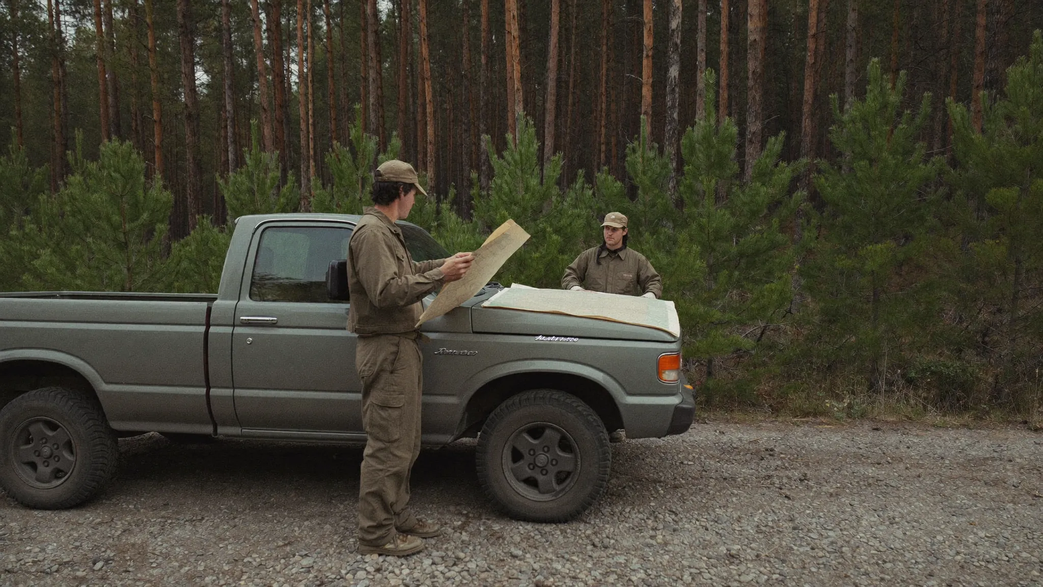 Two men study a timberland map on a truck hood beside planted pine
