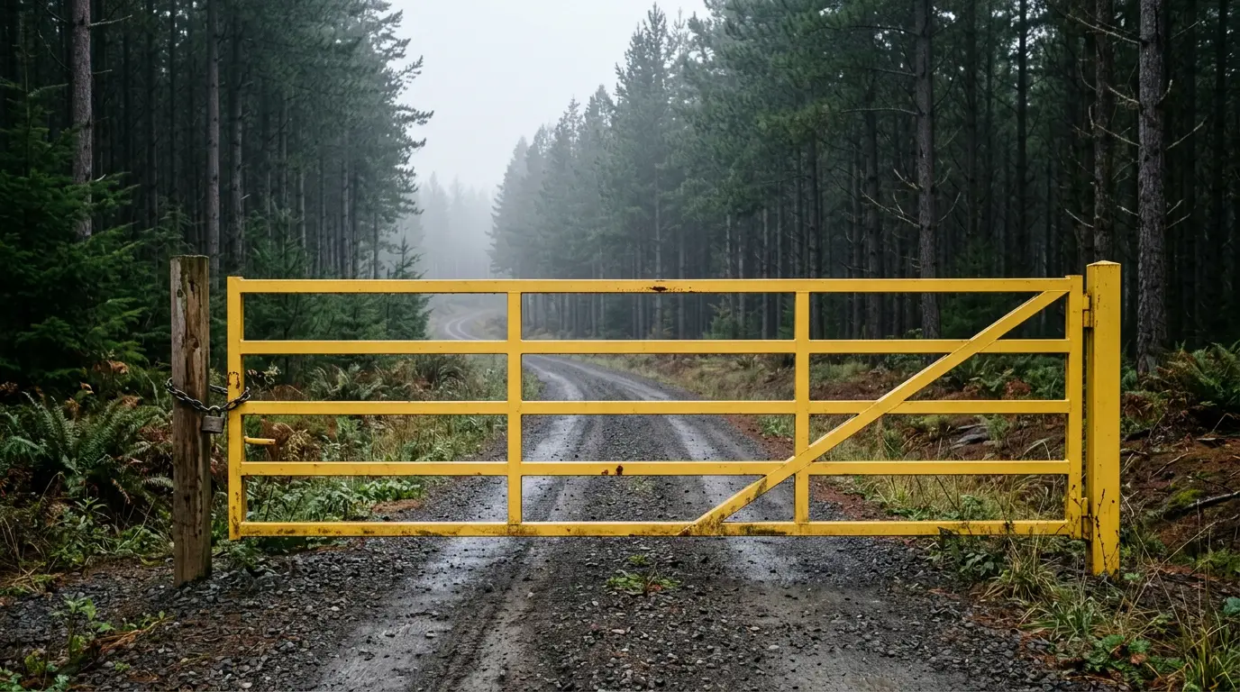 A locked gate across a logging road into planted pine timber