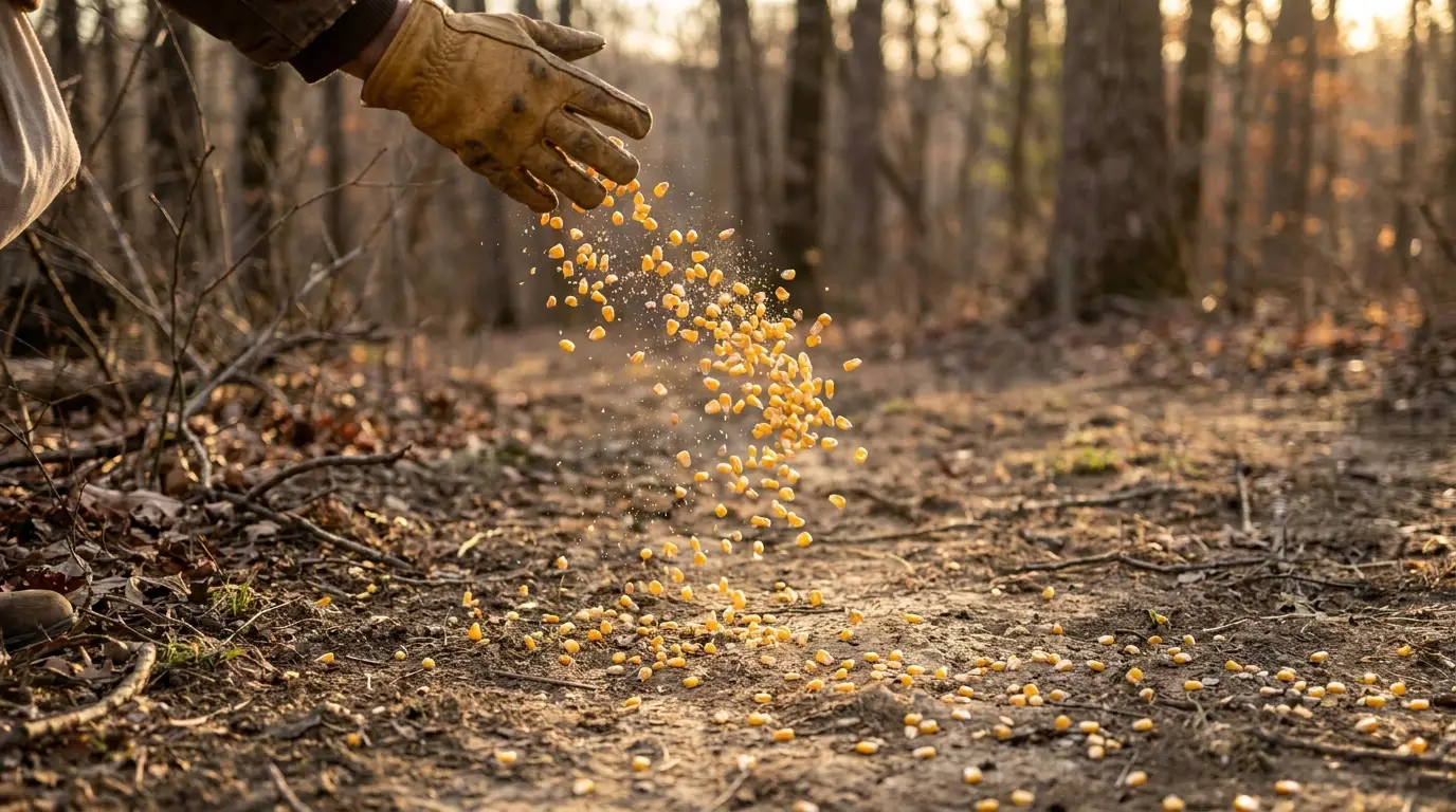 Shelled corn scattered by hand onto bare ground at a Tennessee bait site