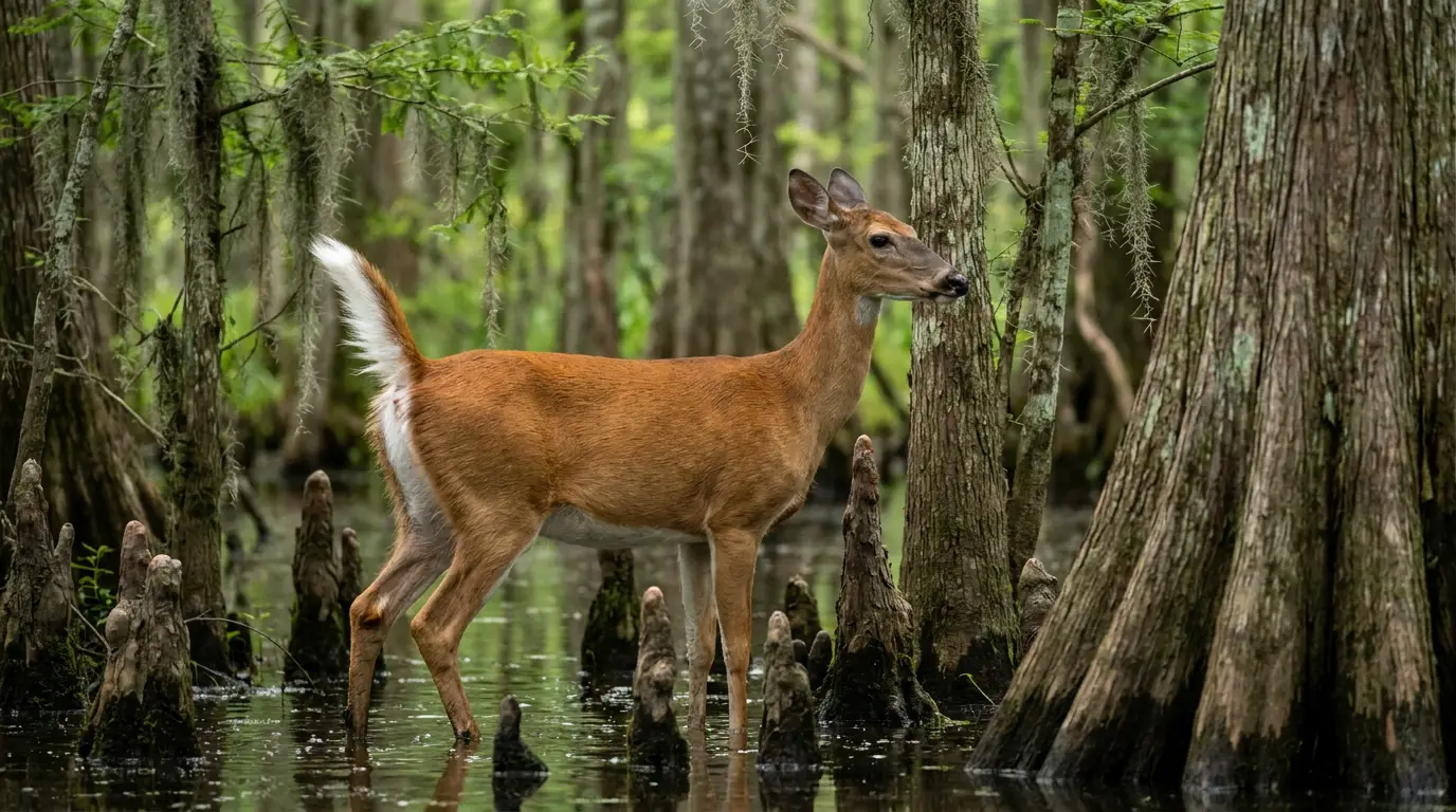 A white-tailed doe wading through a Louisiana cypress bottomland