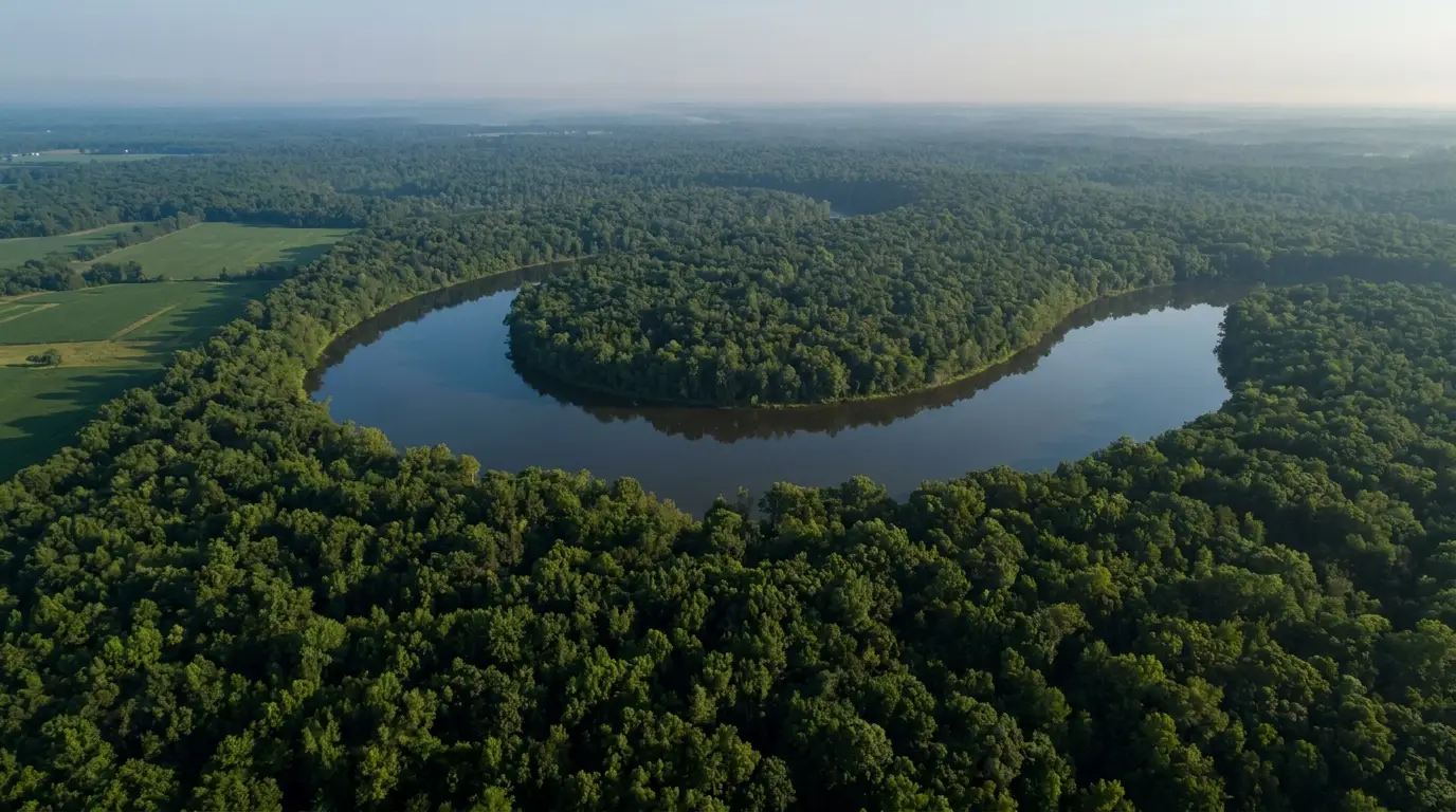 Aerial view of an oxbow lake in northeast Louisiana bottomland forest