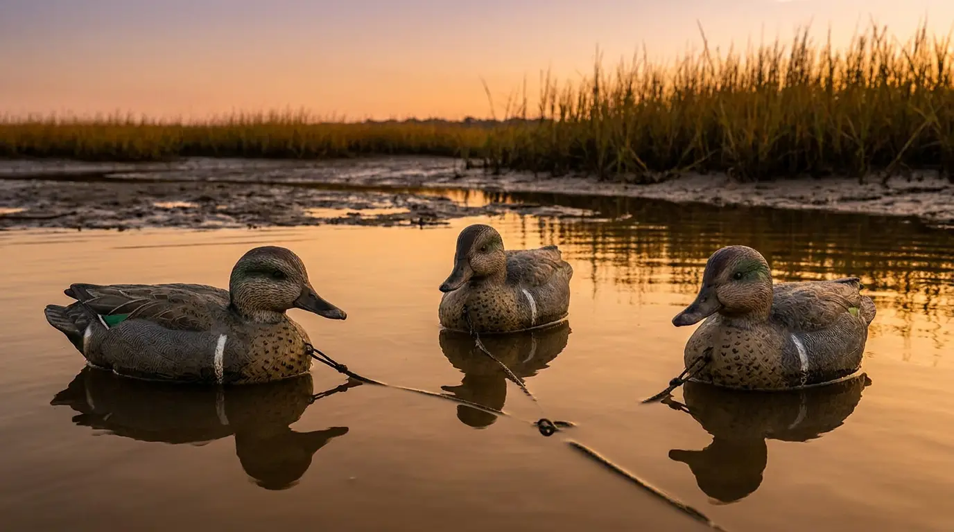 Three green-winged teal decoys riding calm shallow marsh water at sunrise