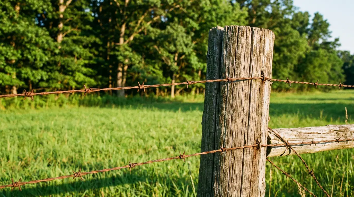 A wooden corner post and barbed wire between hay meadow and woodlot