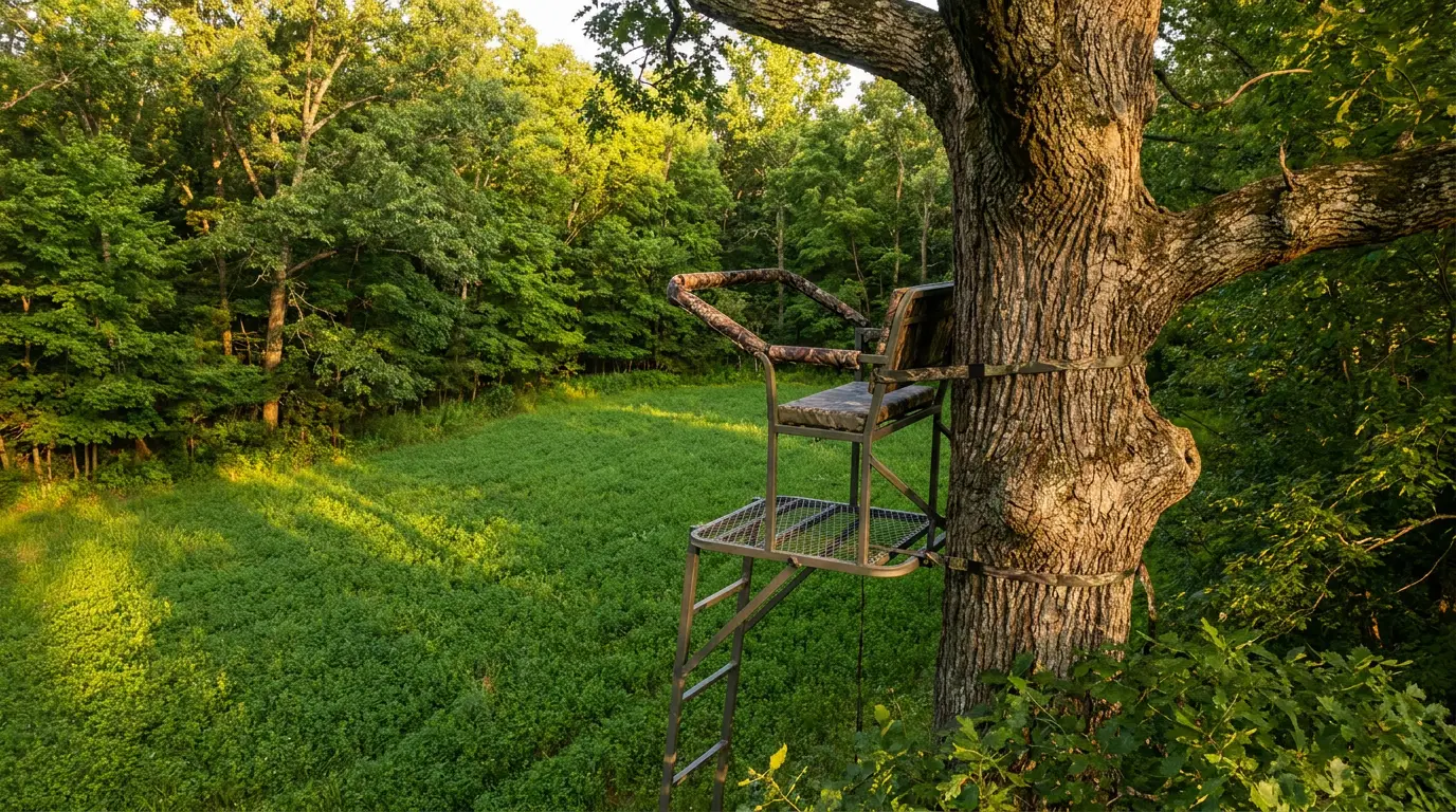 A ladder stand strapped to an oak overlooking a clover food plot