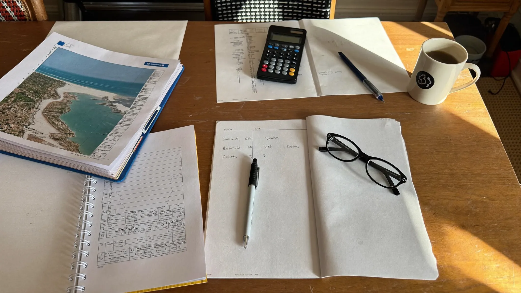 A calculator, coffee and papers on a farmhouse kitchen table