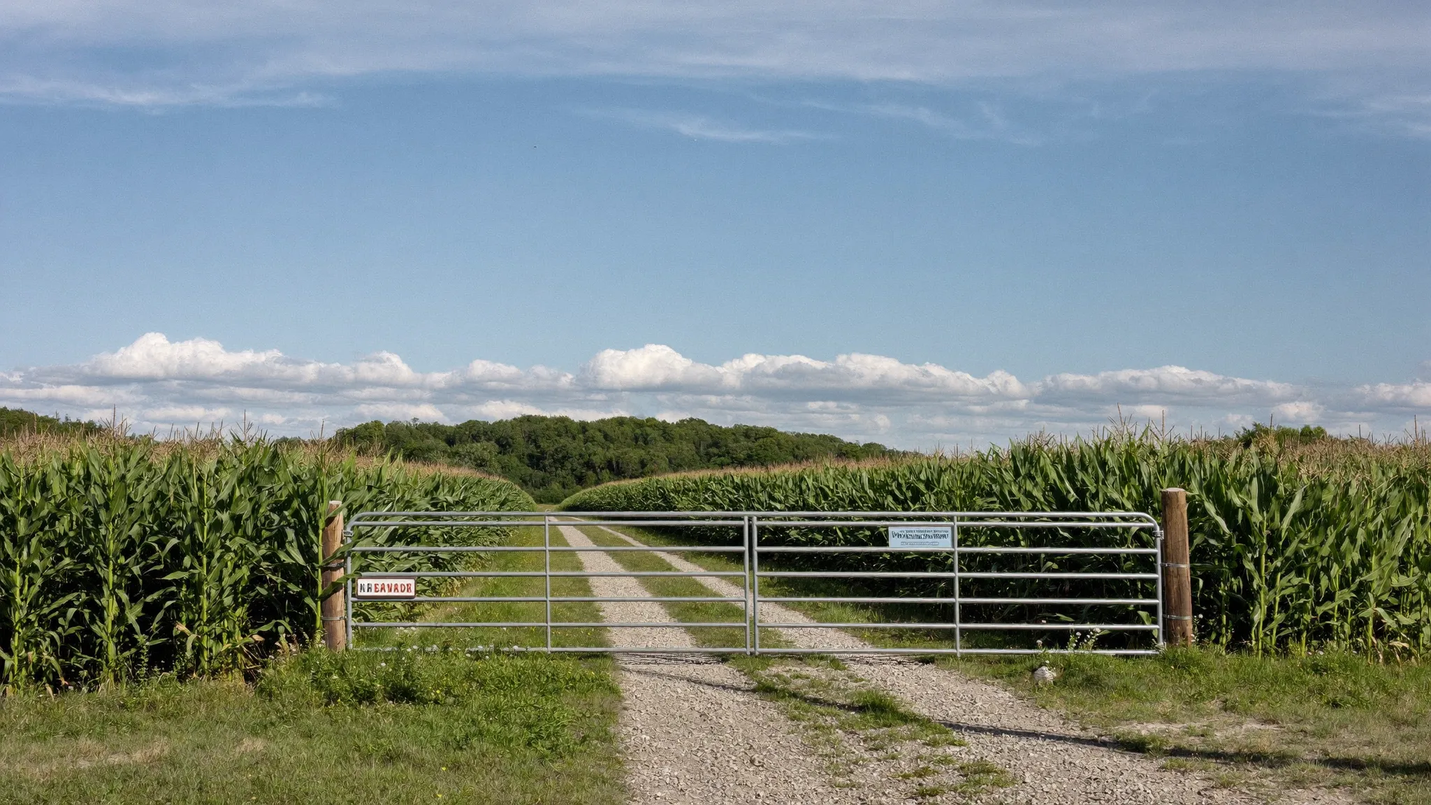 A closed farm gate across a gravel lane between green corn fields