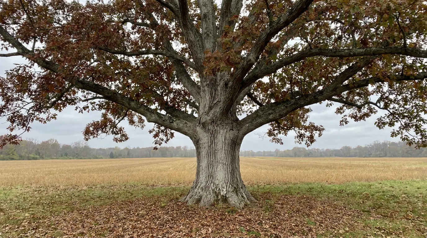 A large open-grown white oak at a field edge in early autumn