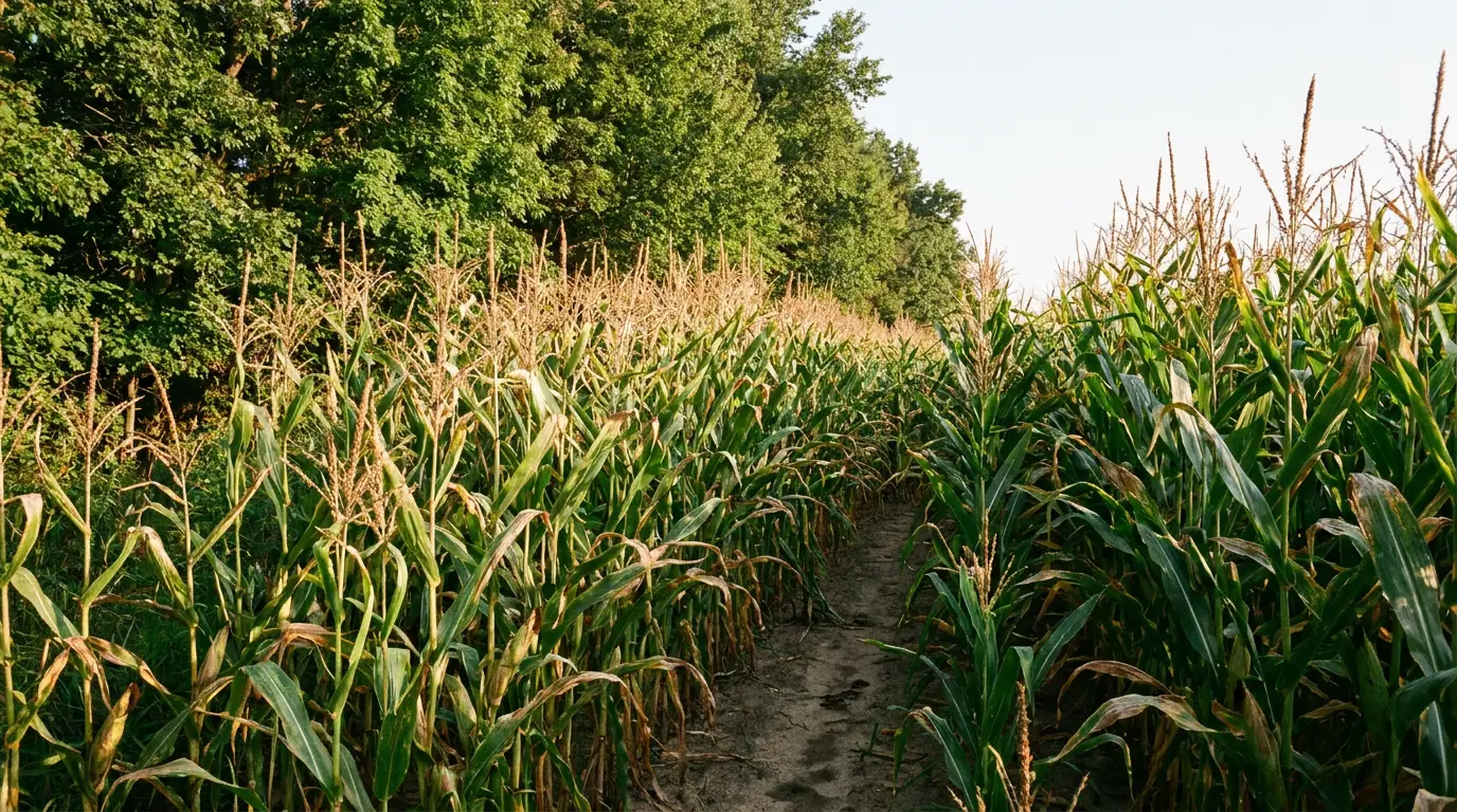 A game trail entering mature standing corn at a summer treeline