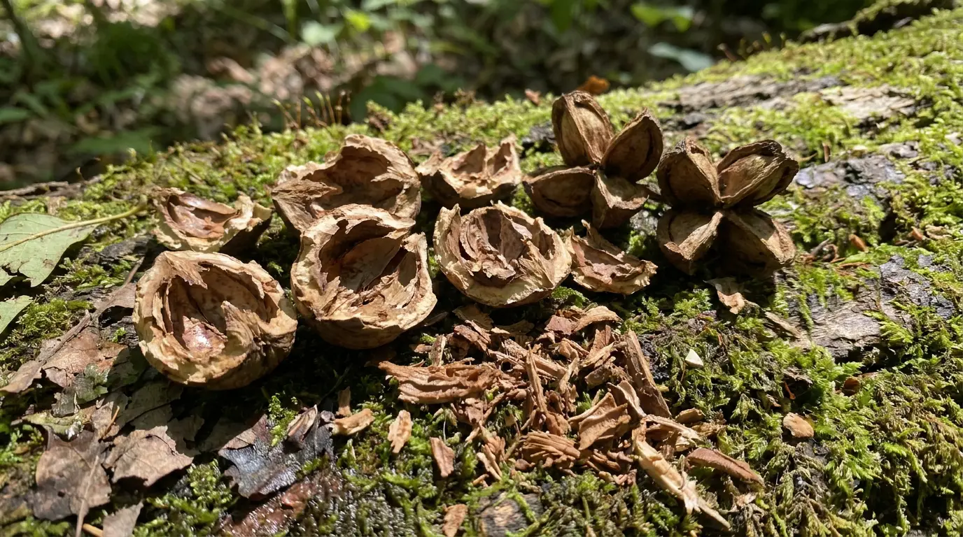 Fresh hickory cuttings and shell fragments on a mossy log