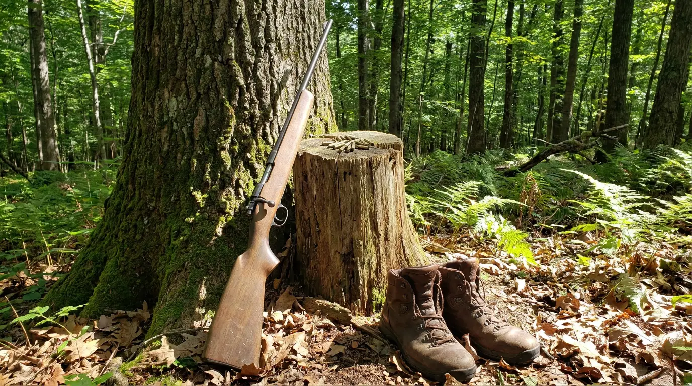 A .22 rifle, cartridges and boots at the base of an oak