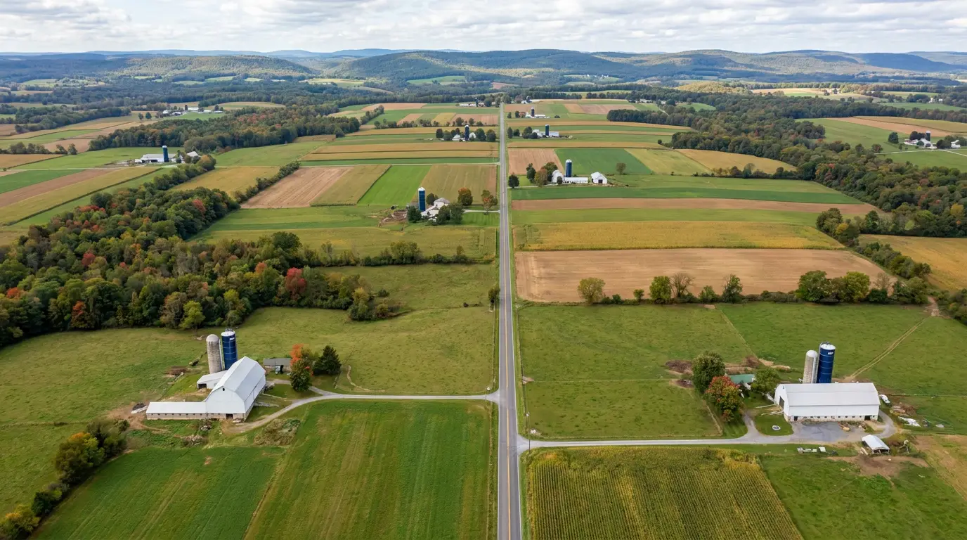 Aerial view of Pennsylvania farm country with bank barns, silos and wooded fencerows