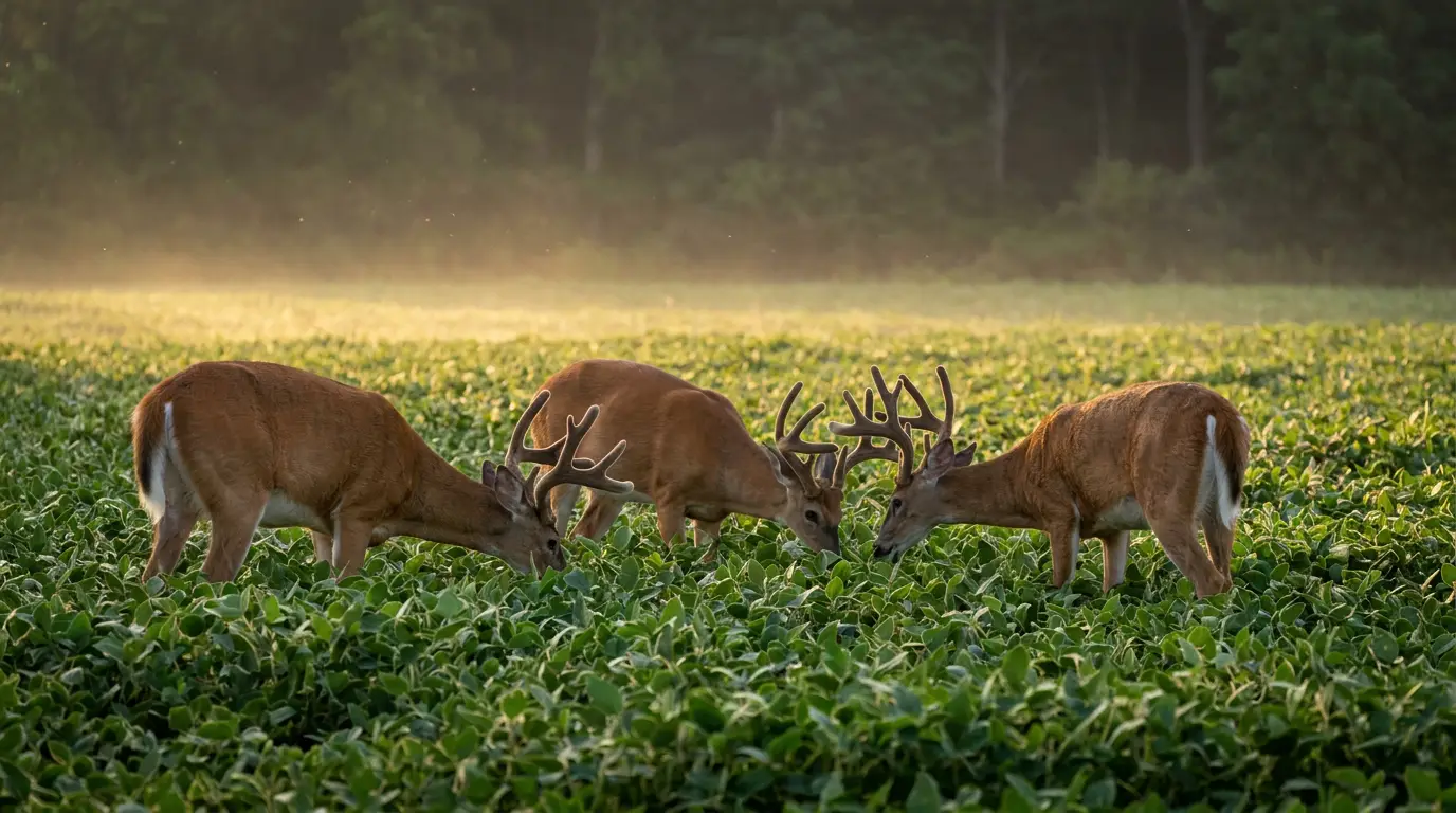 Three velvet bucks feeding in a green soybean field at last light