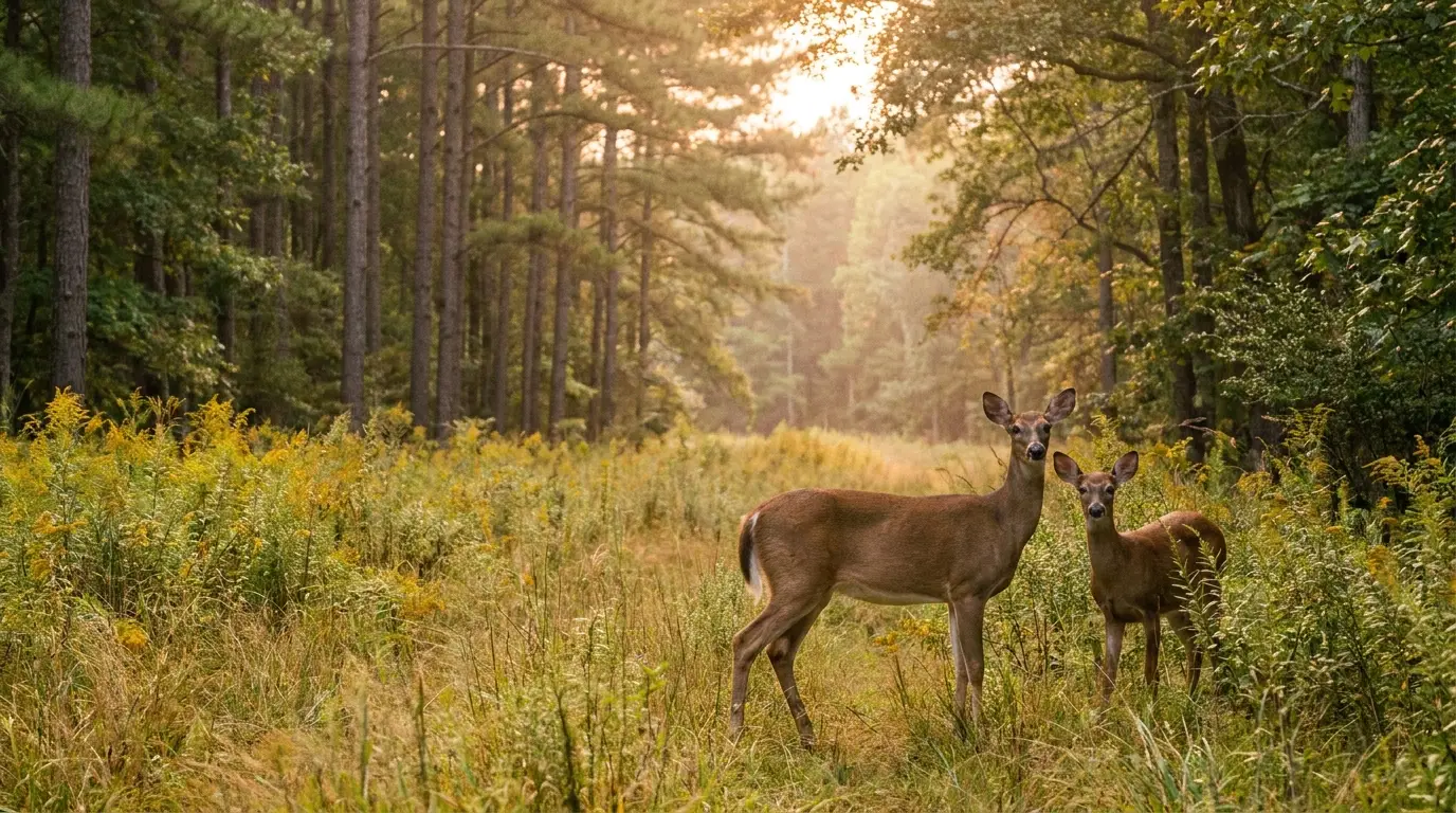A white-tailed doe and yearling at a Piedmont field edge where pines meet hardwoods