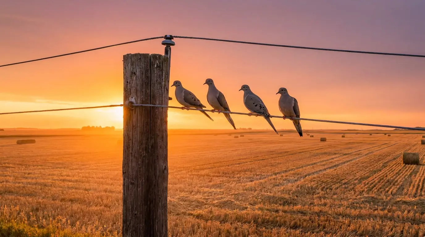 Mourning doves perched on a wire at sunset above a cut grain field
