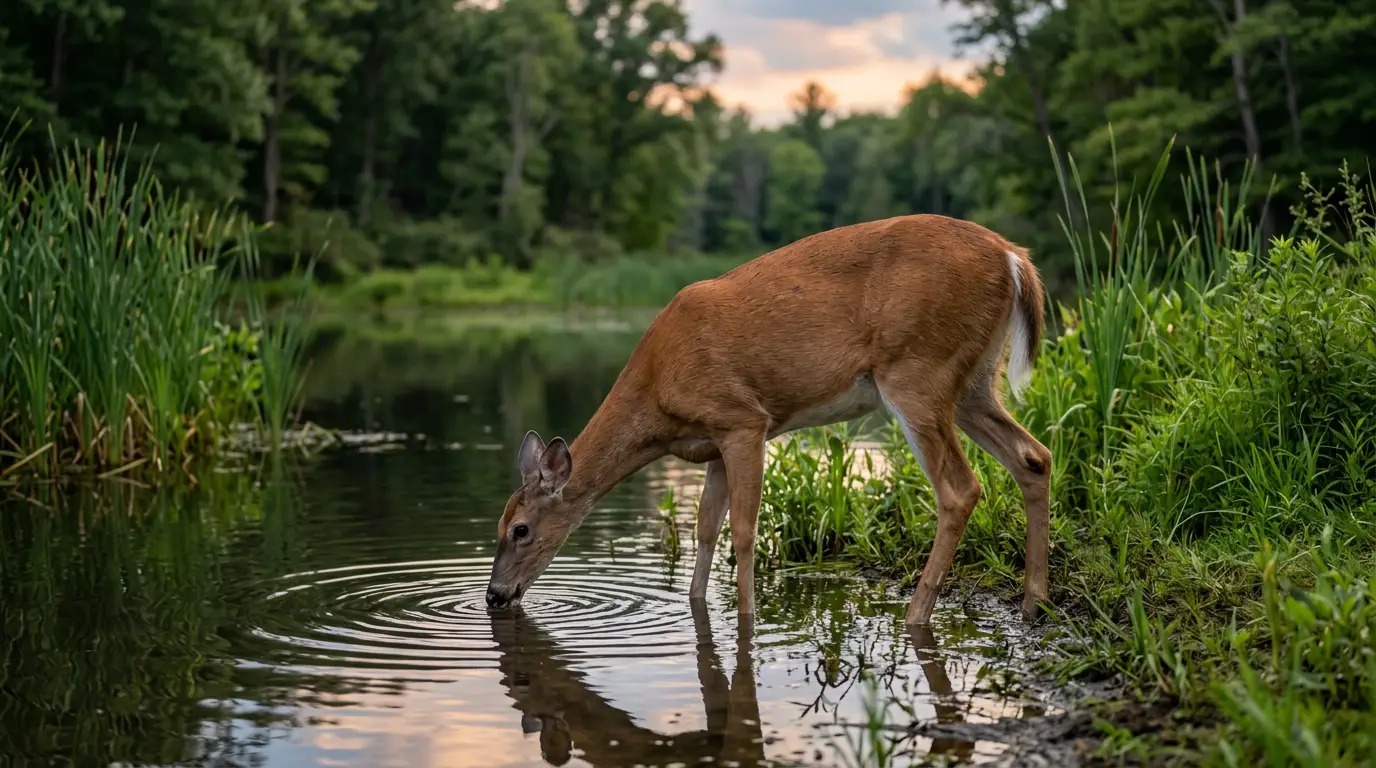 A healthy white-tailed doe drinking at the edge of a summer pond at dusk