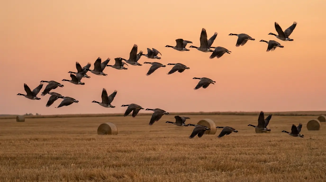 Canada geese in a loose skein over a stubble field and round bales at sunset