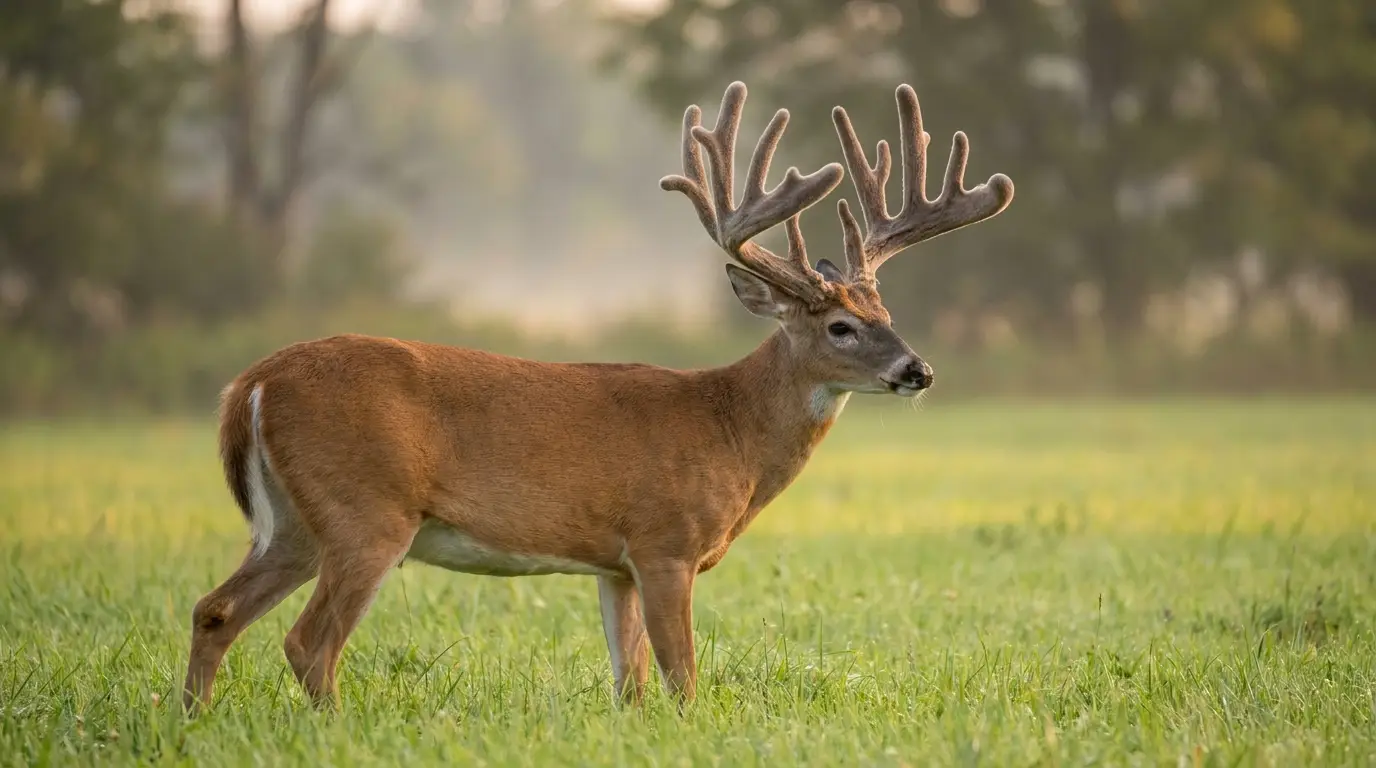 A white-tailed buck with antlers still fully covered in velvet, standing broadside in a green field at first light