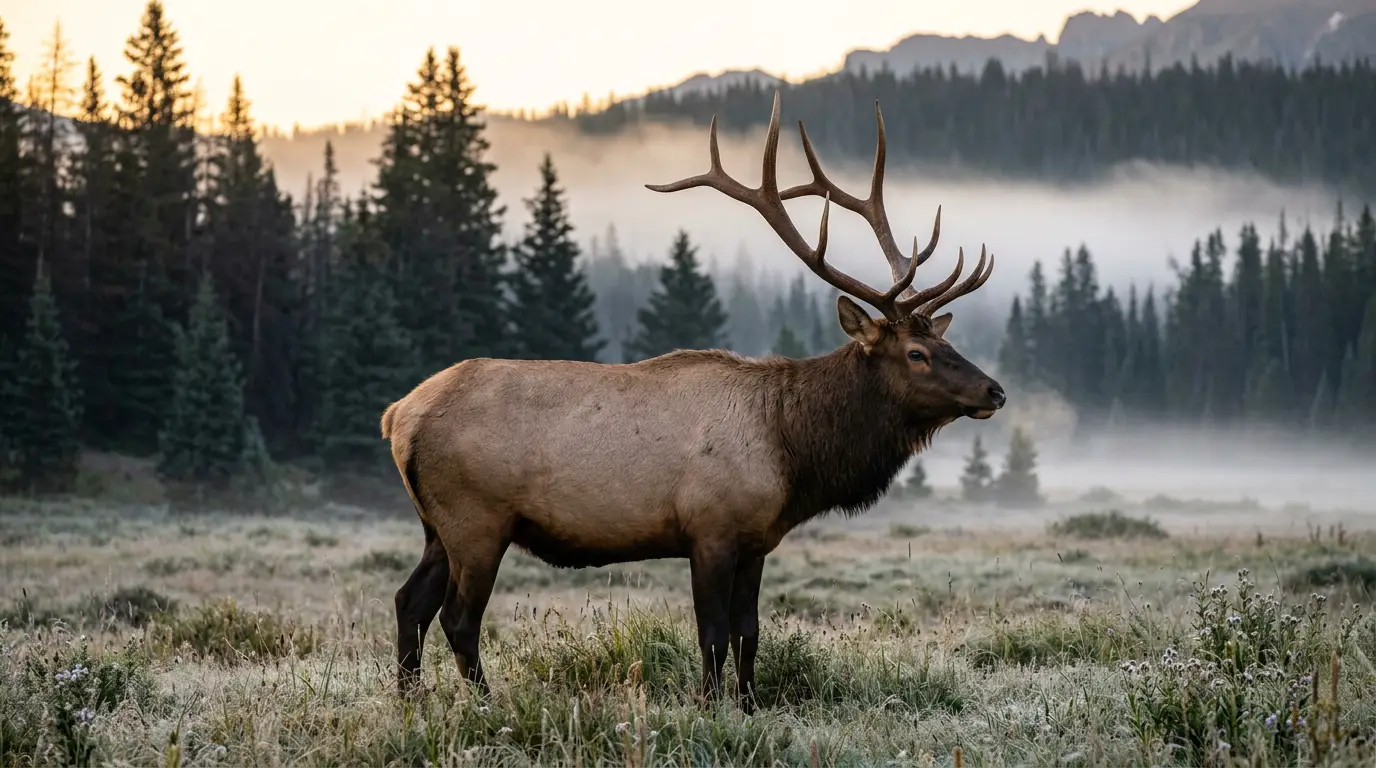 A mature bull elk standing broadside in a mountain meadow at sunrise, hard antlers sweeping back over the shoulders