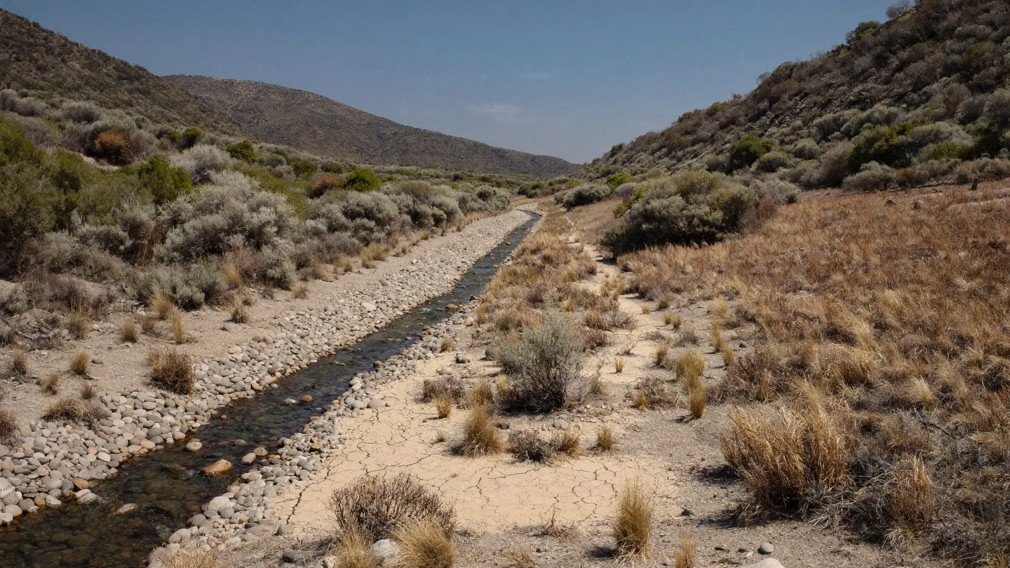 A late-summer creek reduced to a thin thread of water in a wide cobble channel, with cracked silt and drought-cured grass on the banks