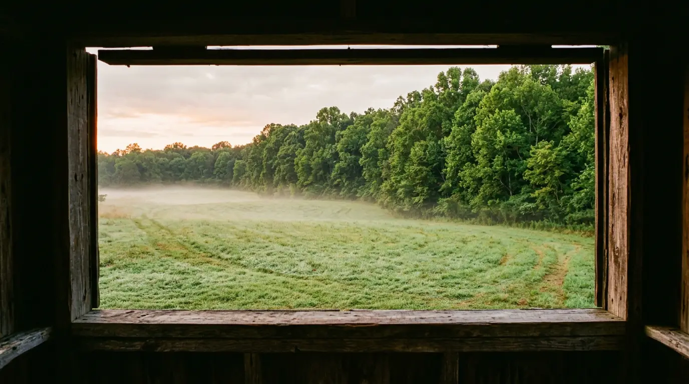 The view from inside a box blind at first light, looking out over a mown field toward a green hardwood treeline