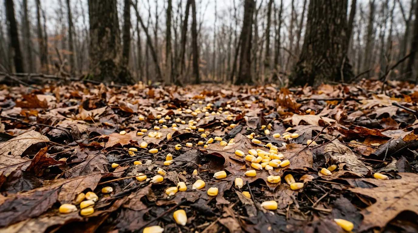 Shelled corn scattered across wet autumn leaf litter on the floor of a hardwood woodlot