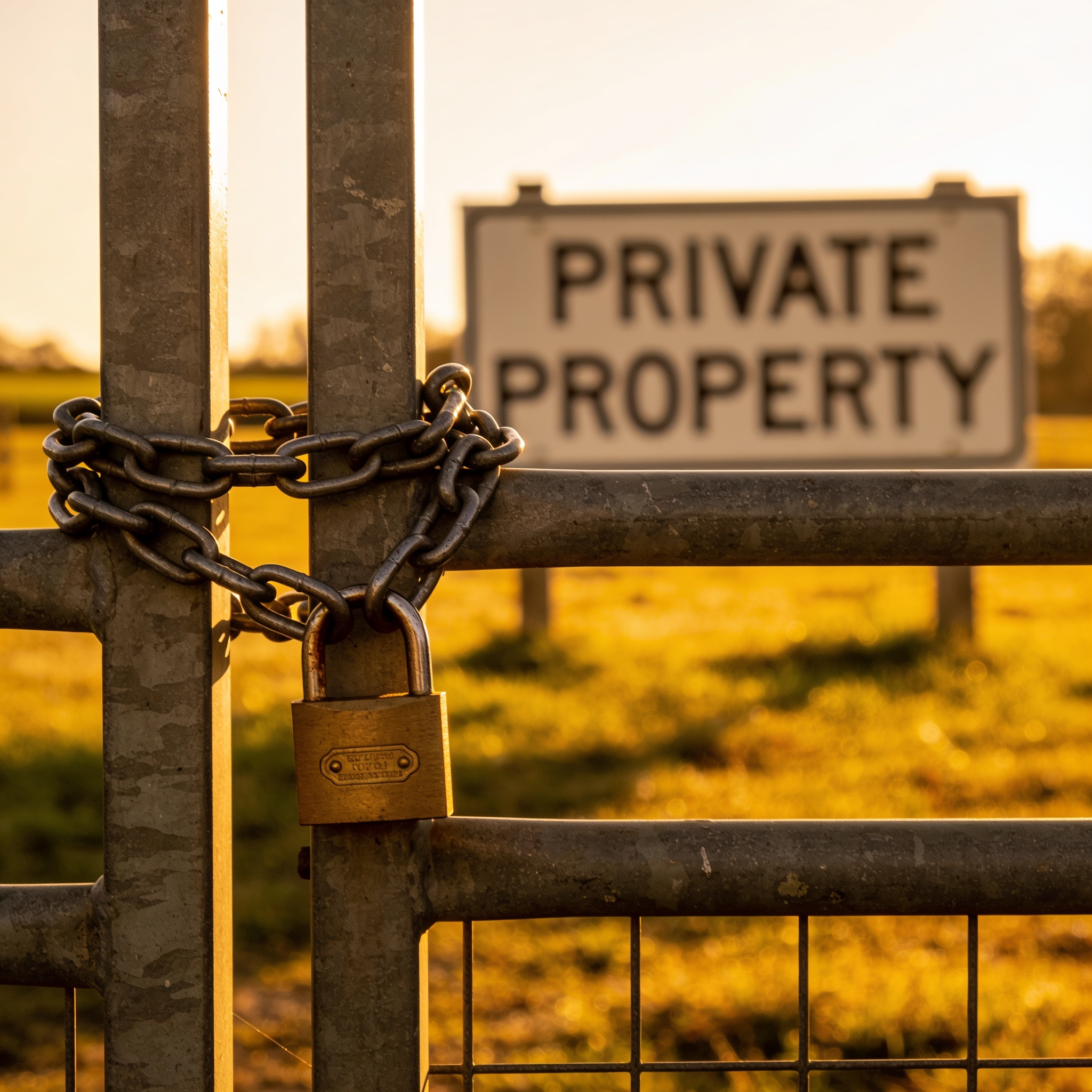 Locked farm gate with heavy chain and padlock in late light